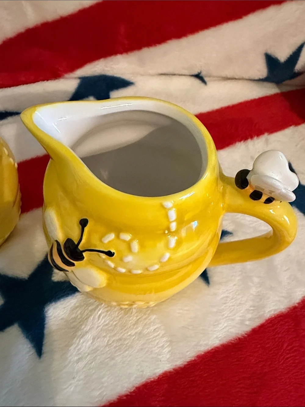 Pier 1 Yellow Bee Ceramic Sugar Bowl and Creamer